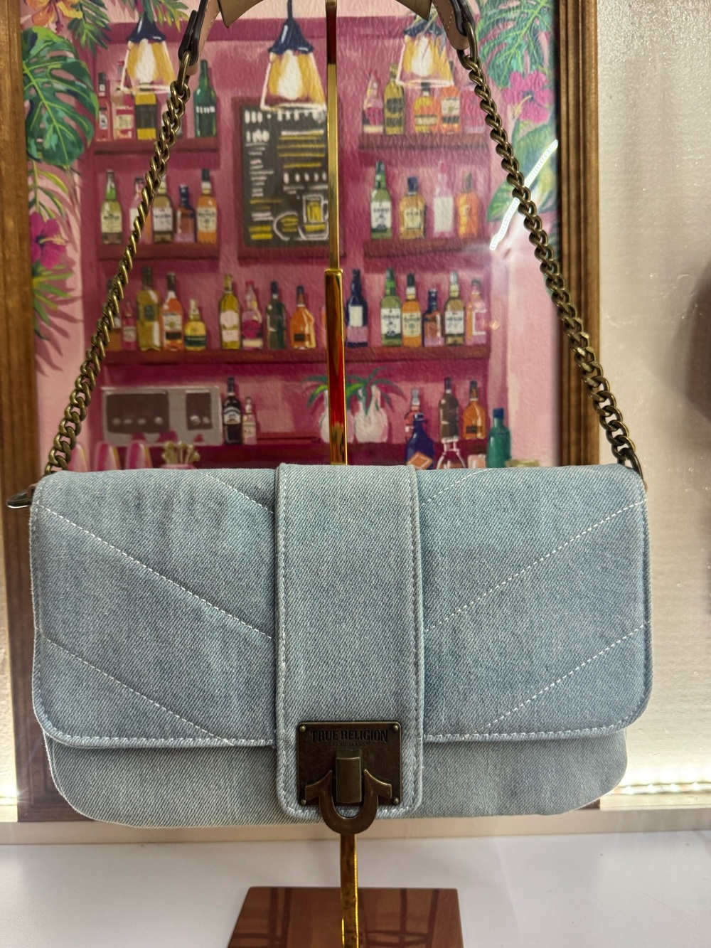True Religion Light DENIM Quilted Shoulder Bag Gun Metal & Leather Strap